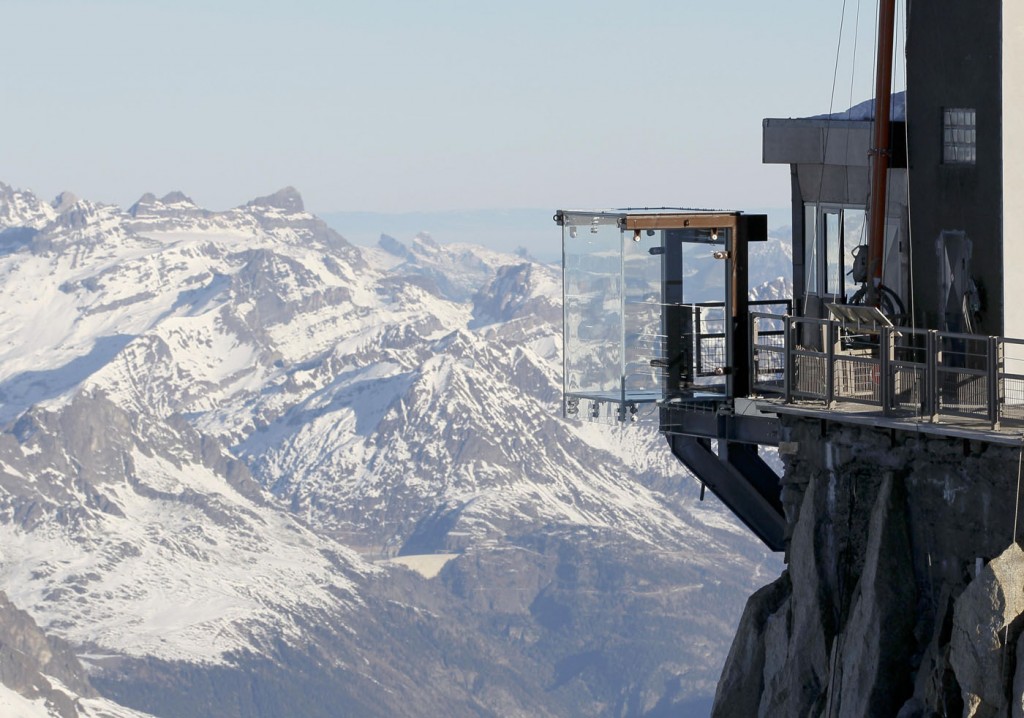 View of the 'Step into the Void' installation at the Aiguille du Midi mountain peak above Chamonix, in the French Alps